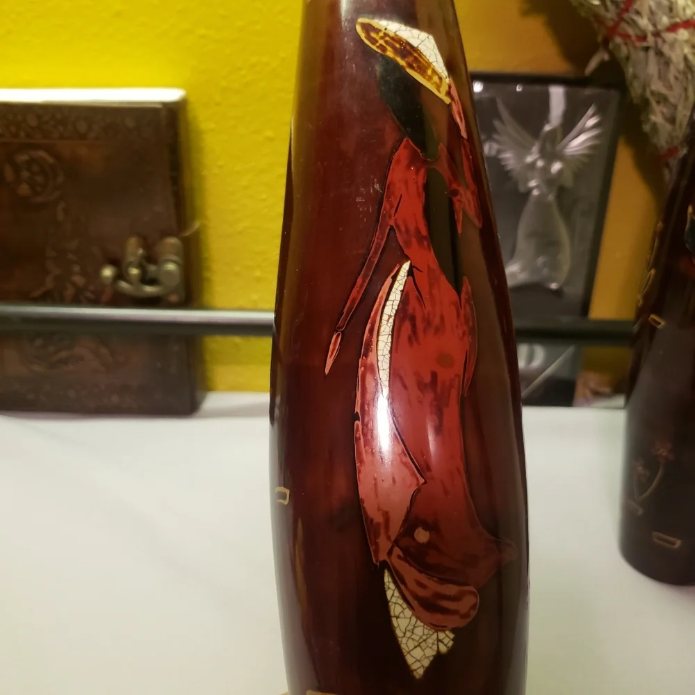 HOST PICK 😊 2 Vtg Oriental Asian Handpainted Bamboo Vases